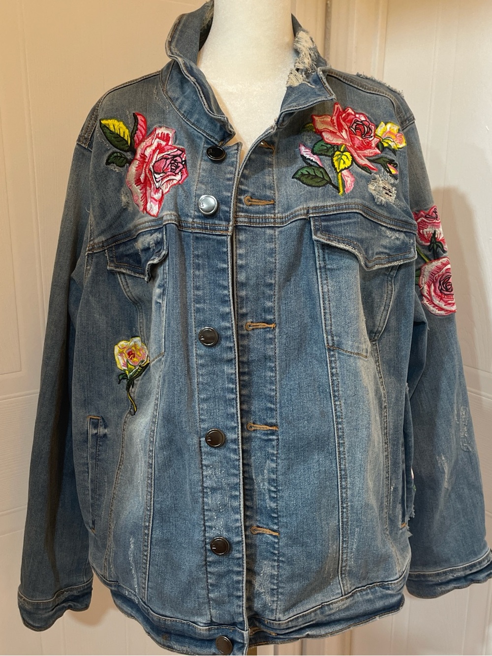 Lane Bryant Embroidered Floral Blue Denim Jacket - L Women
